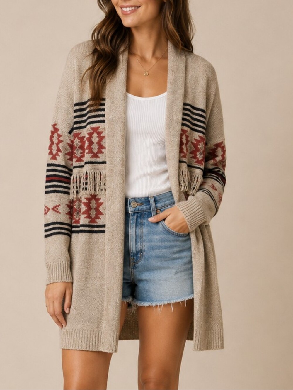 Maurices Aztec Duster Cardigan Tan Red Fringe Open Front Boho Western Small Norm
